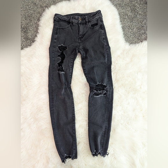 American Eagle Outfitters Denim - American Eagle Stretch Black Wash Denim Raw Hem Distressed Skinny Jeans